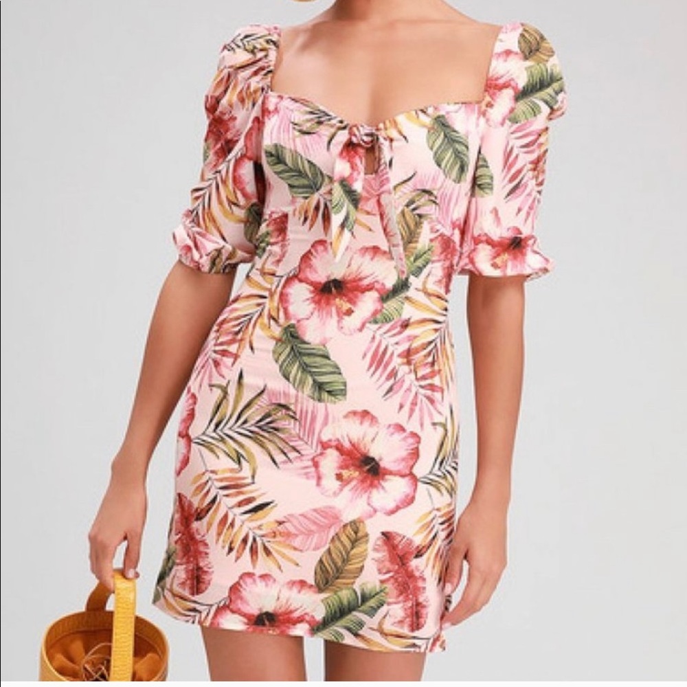 Lulu's Dress Zaliki Pink Tropical Print Tie-Front Puff Sleeve Mini